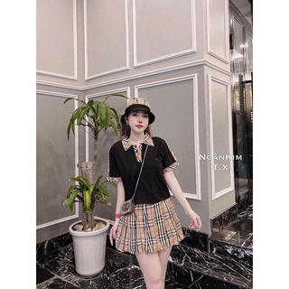 Sét đồ nữ💖TẶNG MŨ💖 Sét áo BBR cổ bẻ mix chân váy kẻ xếp ly gồm 3 chi tiết áo váy và mũ siêu dễ thương