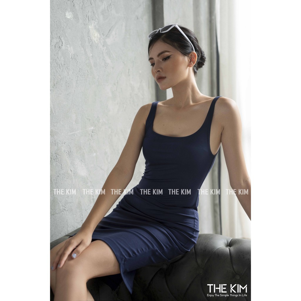 Váy body trơn 2 dây cổ U chất cotton dài ngang gối , đầm ôm basic nữ The Kim V103 | BigBuy360 - bigbuy360.vn