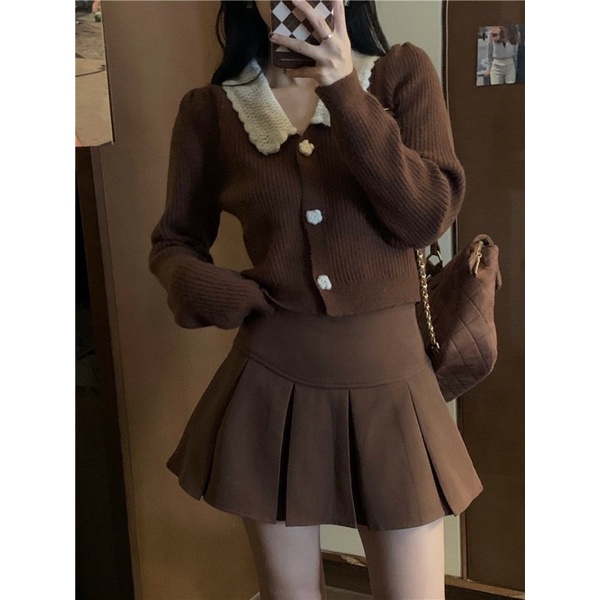 Set áo len nâu + chân váy xếp ly cạp cao mùa thu đông 🍂