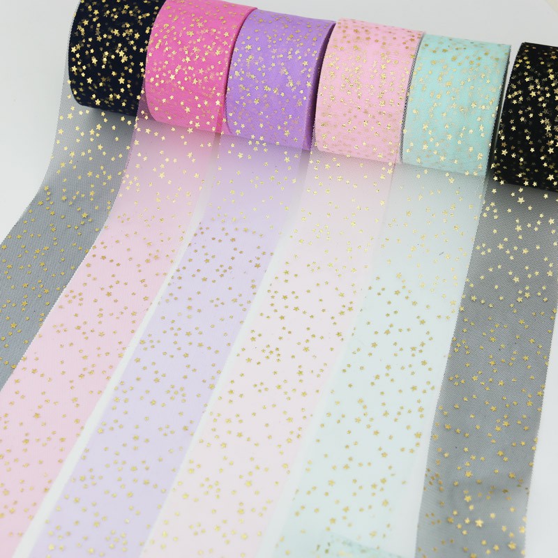 Dây ruy băng vải lưới phối ren sao cỡ 6cm (50 / 10 thước Anh) dùng trang trí gói quà