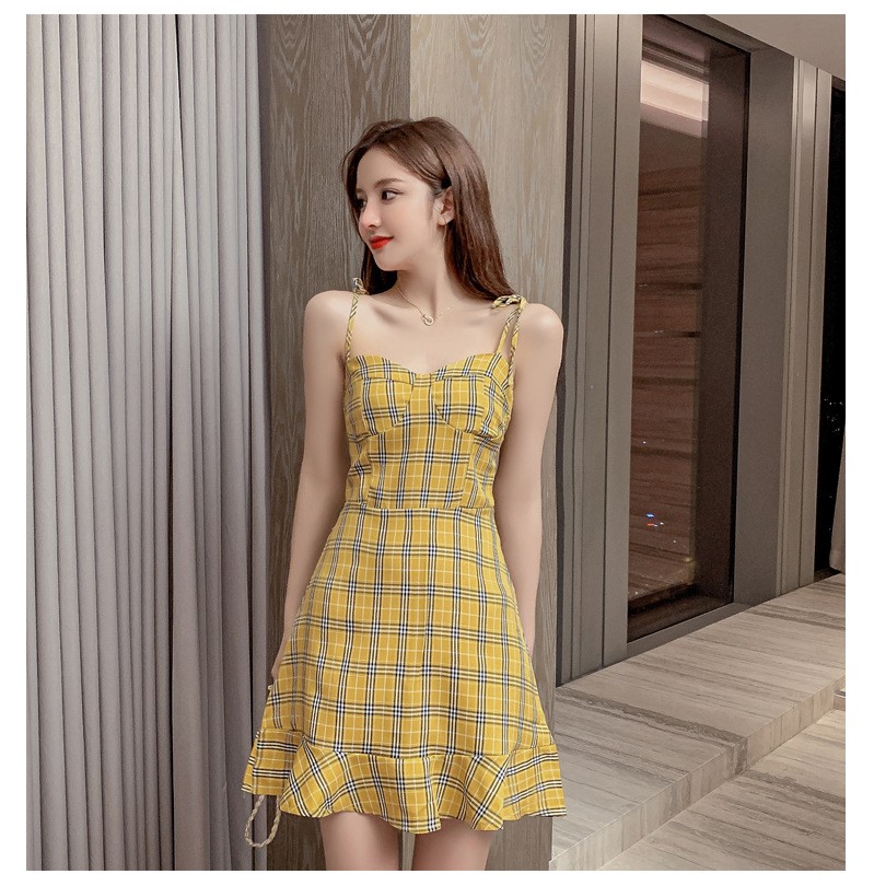 Đầm nữ, váy nữ 2 dây họa tiết caro vàng dễ thương