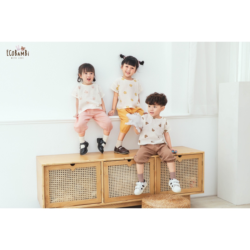 Bộ cotton Muslin Unisex TAY NGẮN, QUẦN THỤNG phong cách Hàn Quốc cho bé - ECOBAMBI