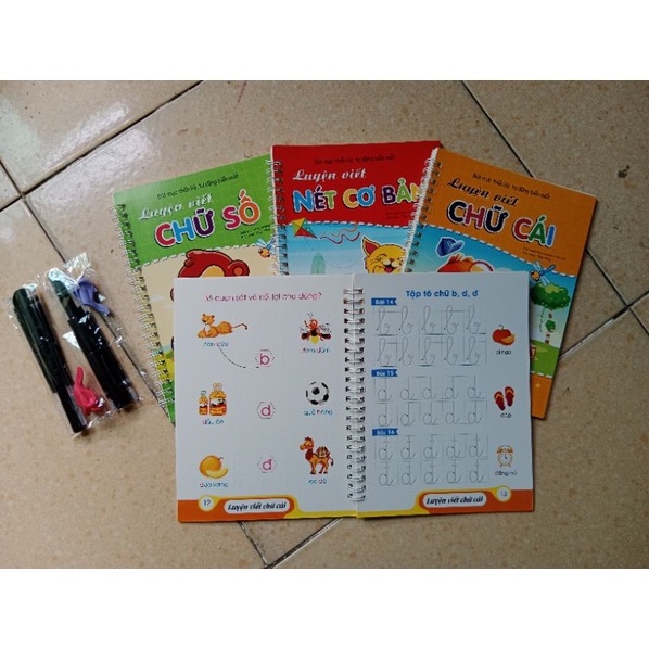 Bộ 3 Vở tập viết nét Lõm TỰ XÓA kèm bút tự bay màu cho bé luyện dễ dàng (2bút + 6ngòi + 2 định vị cầm bút)