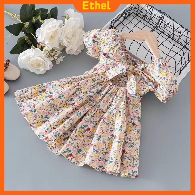 Váy cho bé gái Hoa tulip Trẻ em bé gái 1-7 tuổi Trẻ em Bông hoa Puff Sleeves Nơ Mùa hè
