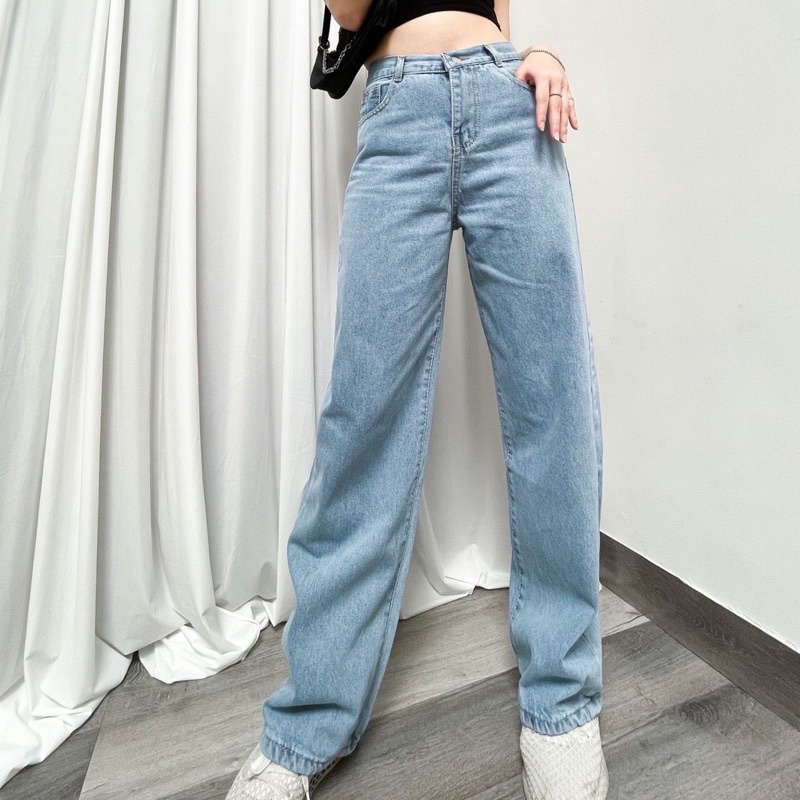 [ HOT ] (60-90kg) Quần jean nữ lưng cao ống rộng cạp chéo dáng suông , quần bò nữ ống đứng ulzzang vải bò dày đẹp