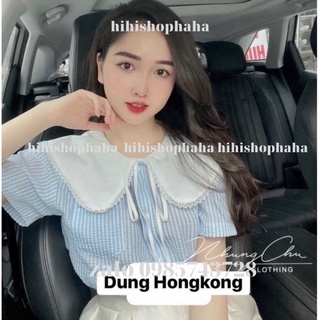 áo sơ mi kẻ cổ bèo tiểu thư 2 màu ngắn tay kaca hihishophaha