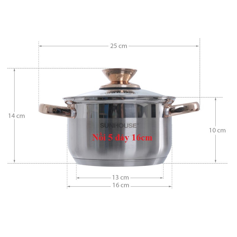 Nồi inox 5 đáy sunhouse Đủ size 16/20/24/26CM SHG24216