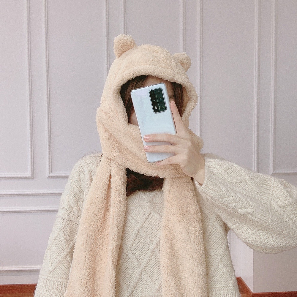 Cod In Stock New Winter Cute Bear Ear Hat Bib Parent-child Warmth Thick Hat Scarf