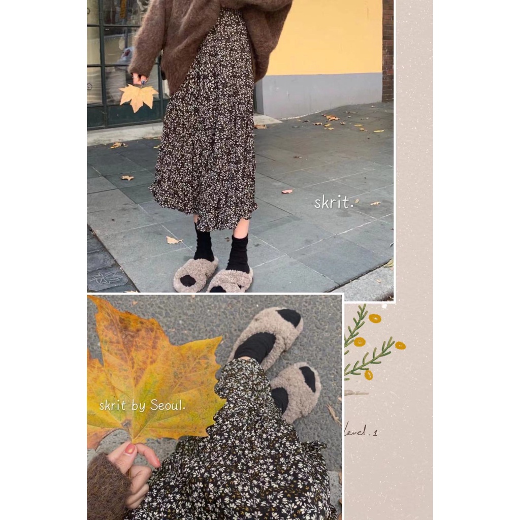 Retro -style floral skirt fashion fashion fold skirt