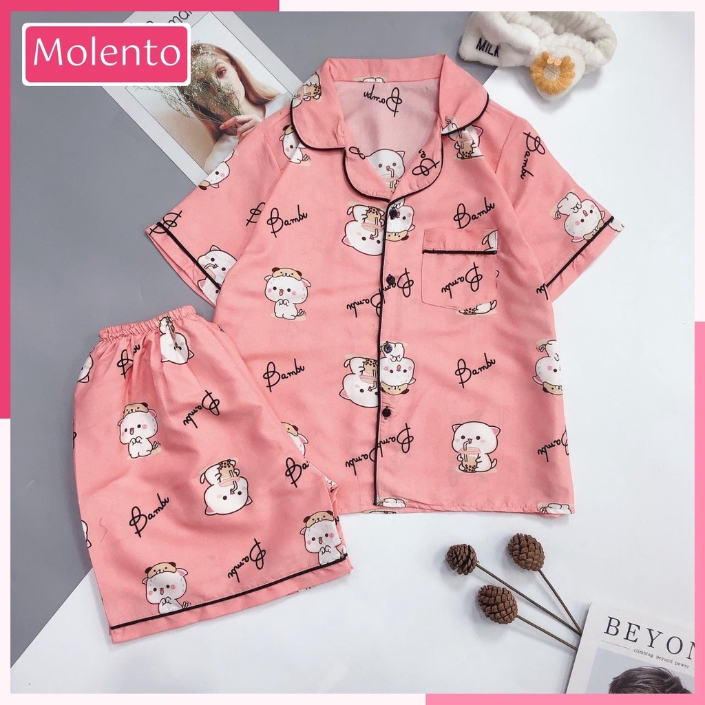 Bộ Ngủ Nữ Pijama Tay Ngắn Quần Cộc Mặc Nhà Vải Kate Thái Họa Tiết Cute Dễ Thương Không Nhăn Bai Xù Molento M93