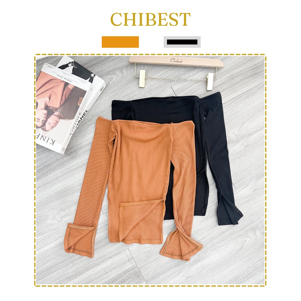 Áo thun ôm nữ  trễ vai vạc vuông phối xẻ tà ôm dáng body sexy CHIBEST LAB76