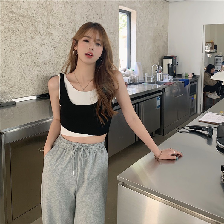 【ZHELIHANGFEI】 / Áo Dệt Kim Sát Nách Giả Hai Mảnh Màu Sắc Phù Hợp Với Nhiều Phong Cách