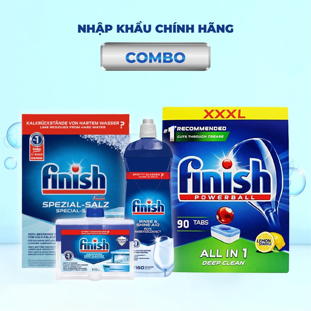 Combo Finish : Viên rửa bát Finish All in one 90 + Muối Finish 1,2kg +nước làm bóng 800ml + Dung dịch vệ sinh