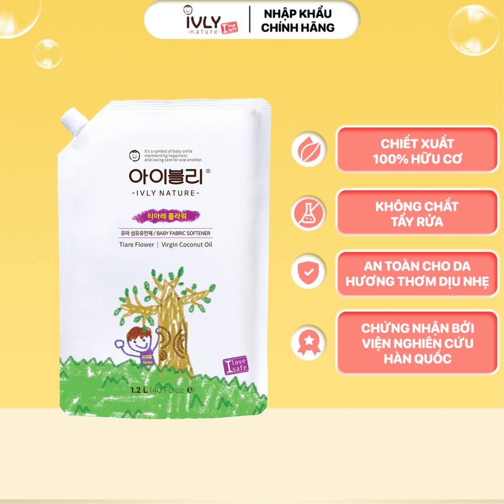 Nước xả vải quần áo em bé IVLY NATURE hương hoa Tiare và tinh dầu dừa dạng túi 1200ml an toàn cho làn da ivly009