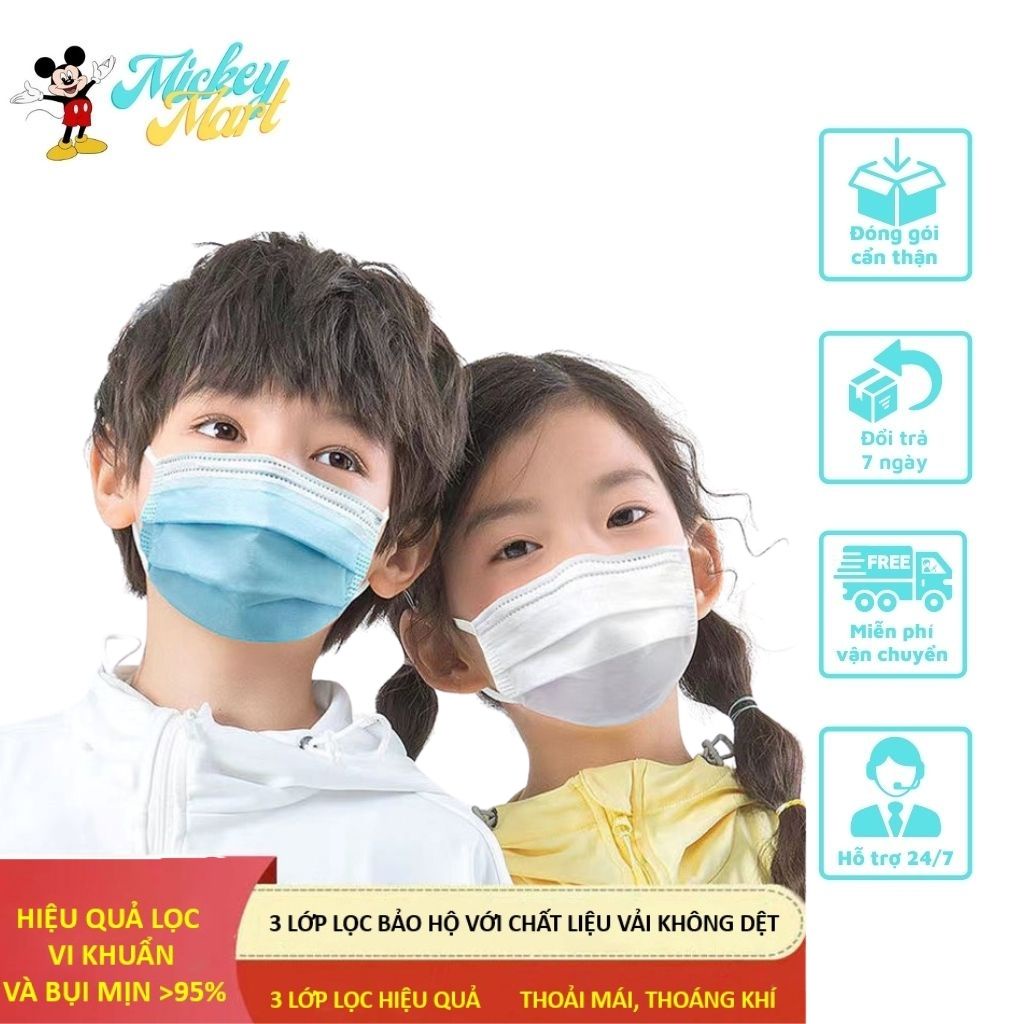 Khẩu trang Y Tế 3 lớp kháng khuẩn, 50 chiếc chống bụi cho trẻ em từ 4-12 tuổi có họa tiết hoạt hình dễ thương - Mickey M