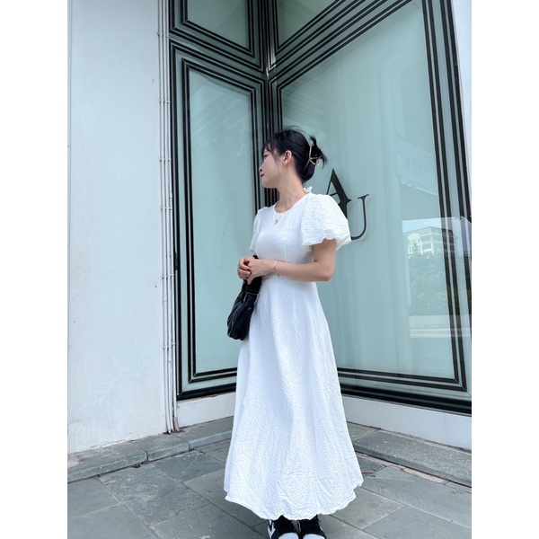 Đầm maxi trắng dáng dài tay phồng, Váy maxi dáng dài tay phồng màu trắng siêu xinh chất đũi nhún