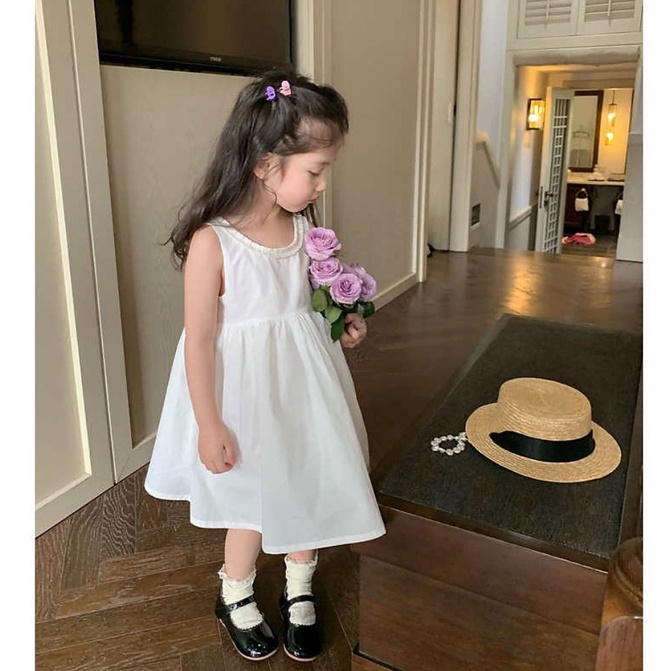 Váy babydoll hở lưng bé gái chất thô, váy thô nến sát nách thiết kế cổ sang chảnh cho bé