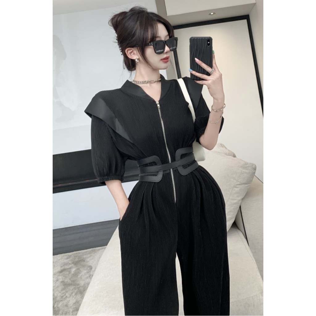 Jumpsuit Cổ Chữ V Ống Rộng Lưng Cao Phong Cách Thời Trang Hàn Quốc