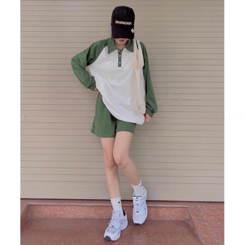[Xa Kho] [Xa kho] Set Polo Nữ Form Rộng Phối Raplang , Bộ Thể Thao Tay Dài Áo Cổ Đức Tay Dài Kèm Quần Short Năng Động