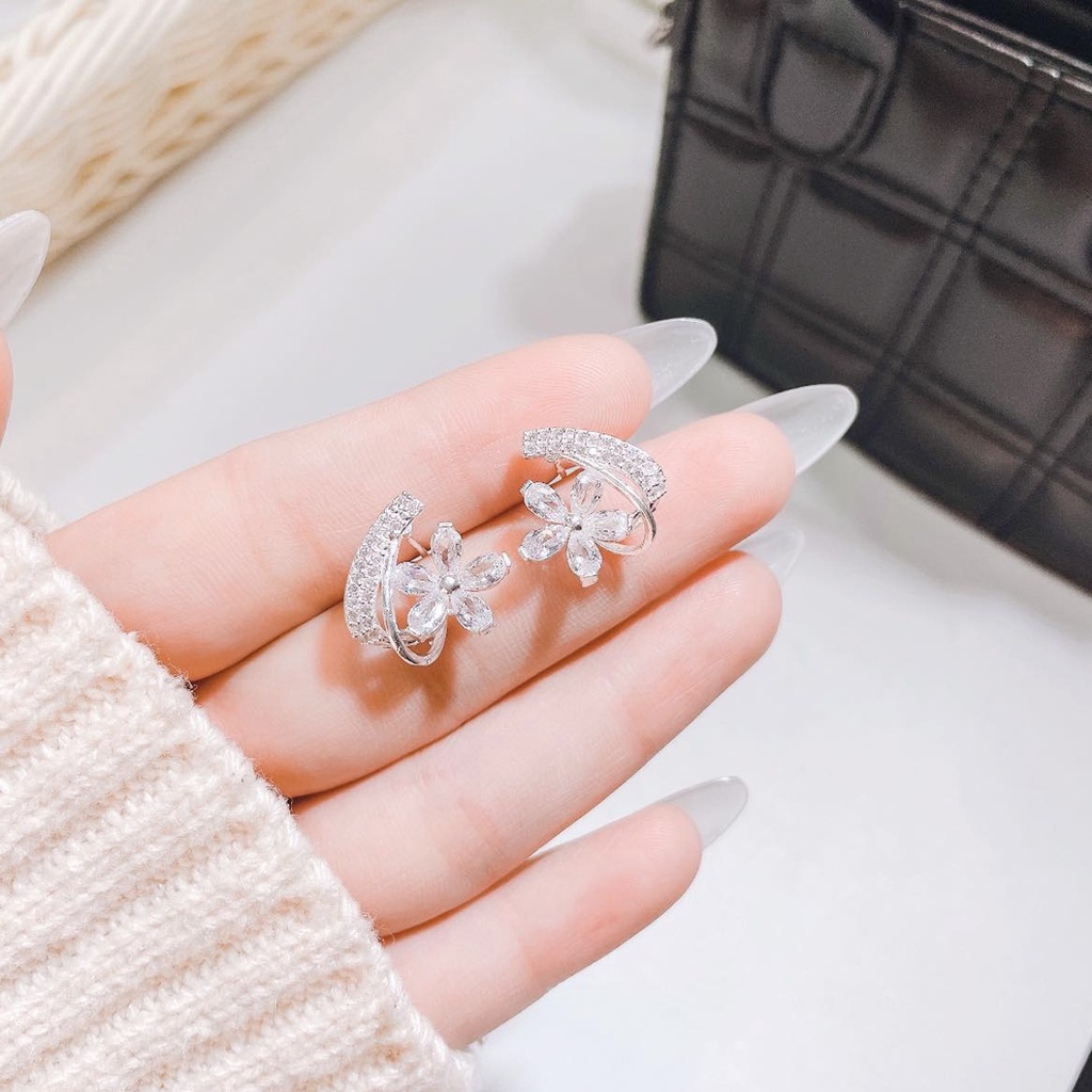 Bông tai bạc nữ PANSY hình hoa ngọc nạm đá sang chảnh, khuyên tai nữ bạc ta cao cấp