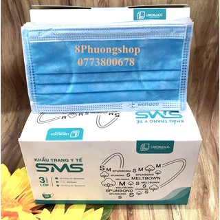 Khẩu trang y tế SMS 3 lớp màu Xanh hộp 50 cái / Hộp - Khẩu trang chính hãng Công Ty Liworldco