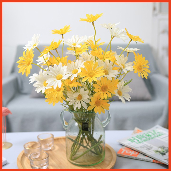 Hoa cúc vàng vải lụa siêu đẹp, Hoa giả decor phòng, trang trí nhà cửa, lễ tết 1 cành 5 bông 52cm