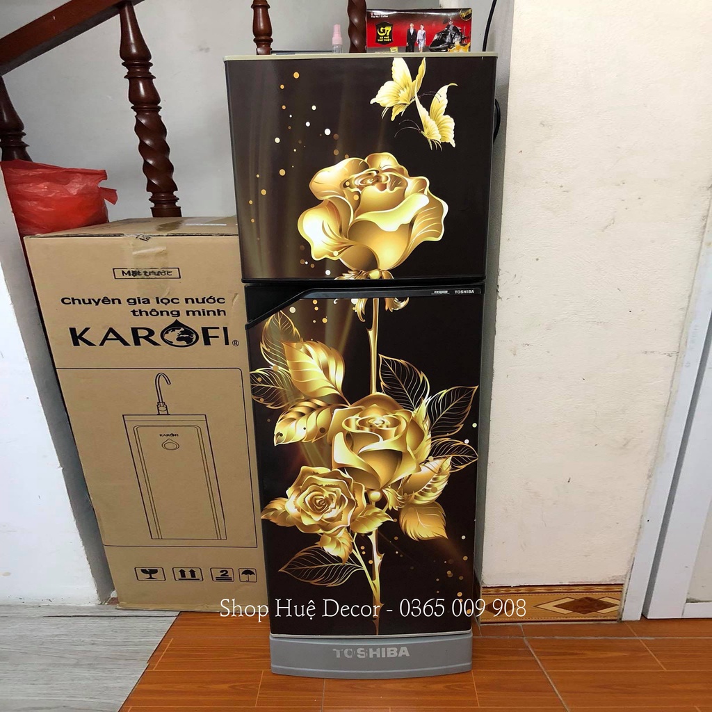 Decal dán tủ lạnh máy giặt bông hồng vàng hue decor, chống nước-siêu bền, giá rẻ