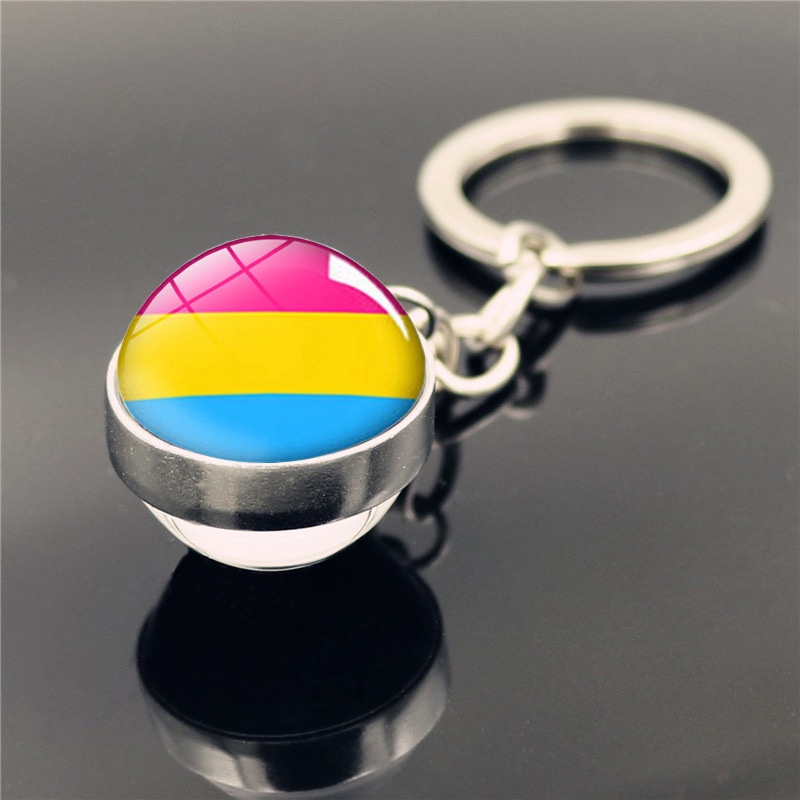 Móc Khóa Mặt Kính Cabochon Hai Mặt Họa Tiết Cầu Vồng LGBT