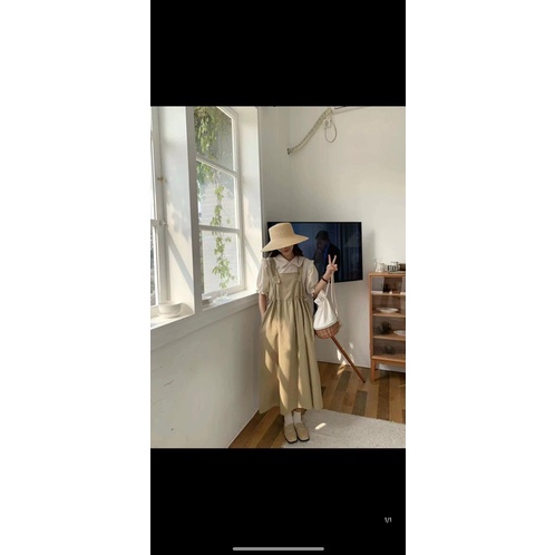 Set yếm vitage rút eo kèm áo sơmi trắng tay bèo