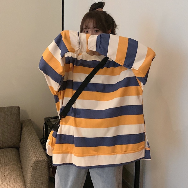 Áo Sweater Tay Dài Đệm Nhung Dày Dáng Rộng Họa Tiết Kẻ Sọc Phong Cách Hàn Quốc Thời Trang Mùa Đông Cho Nữ