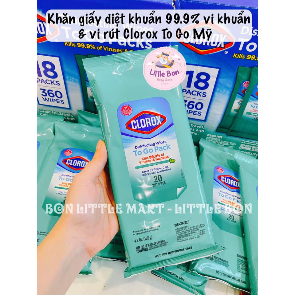 Khăn giấy diệt khuẩn Clorox To Go Pack Mỹ (20 tờ/ gói)