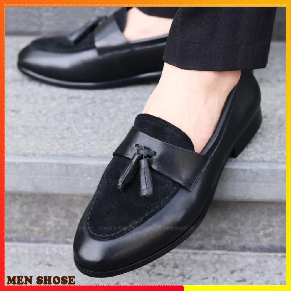 Giày Lười Nam  Da Lì Kết Hợp Da Lộn và Chuông Sành Điệu - Mã G014