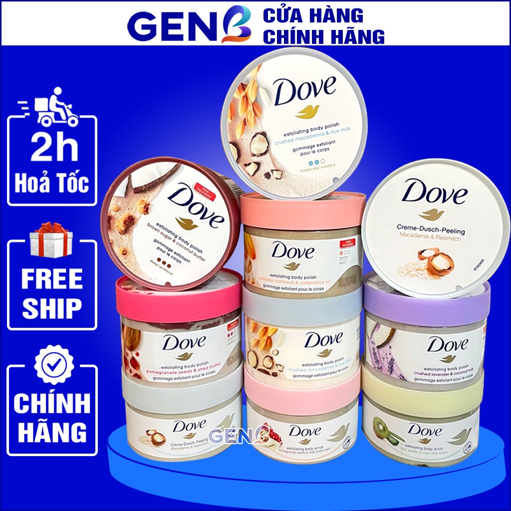 Tẩy Da Chết Dove Body 298G CHÍNH HÃNG-Tẩy Tế Bào Chết Dove Toàn Thân Hạt Macca&Sữa Gạo,Lựu Đỏ, Kiwi&Lô Hội Dưỡng Ẩm-GENB