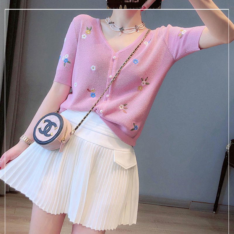 Mới Áo cardigan dệt kim cổ chữ V tay ngắn dáng rộng in hoa một hàng nút thời trang Hàn Quốc cho nữ