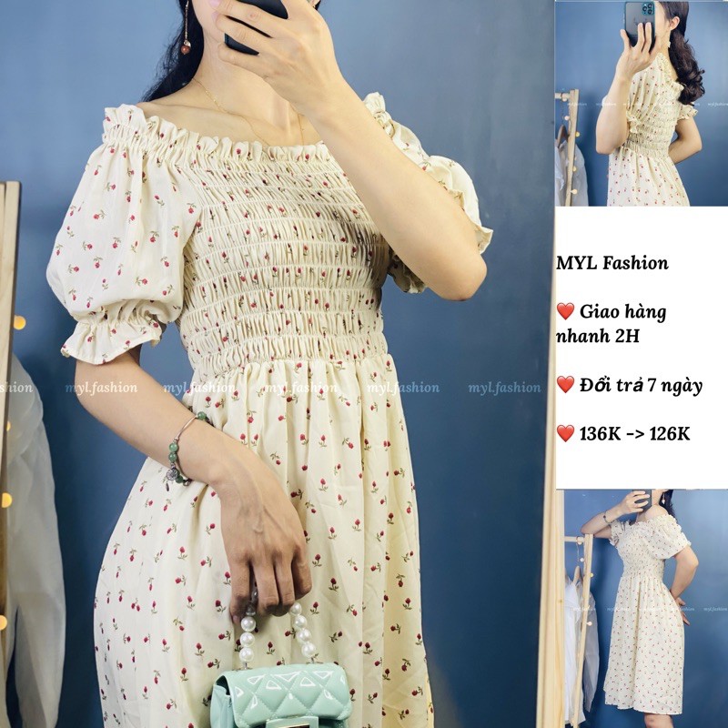 Đầm hoa nhí chun ngực myl.fashion, Váy trễ vai chun ngực vintage | BigBuy360 - bigbuy360.vn