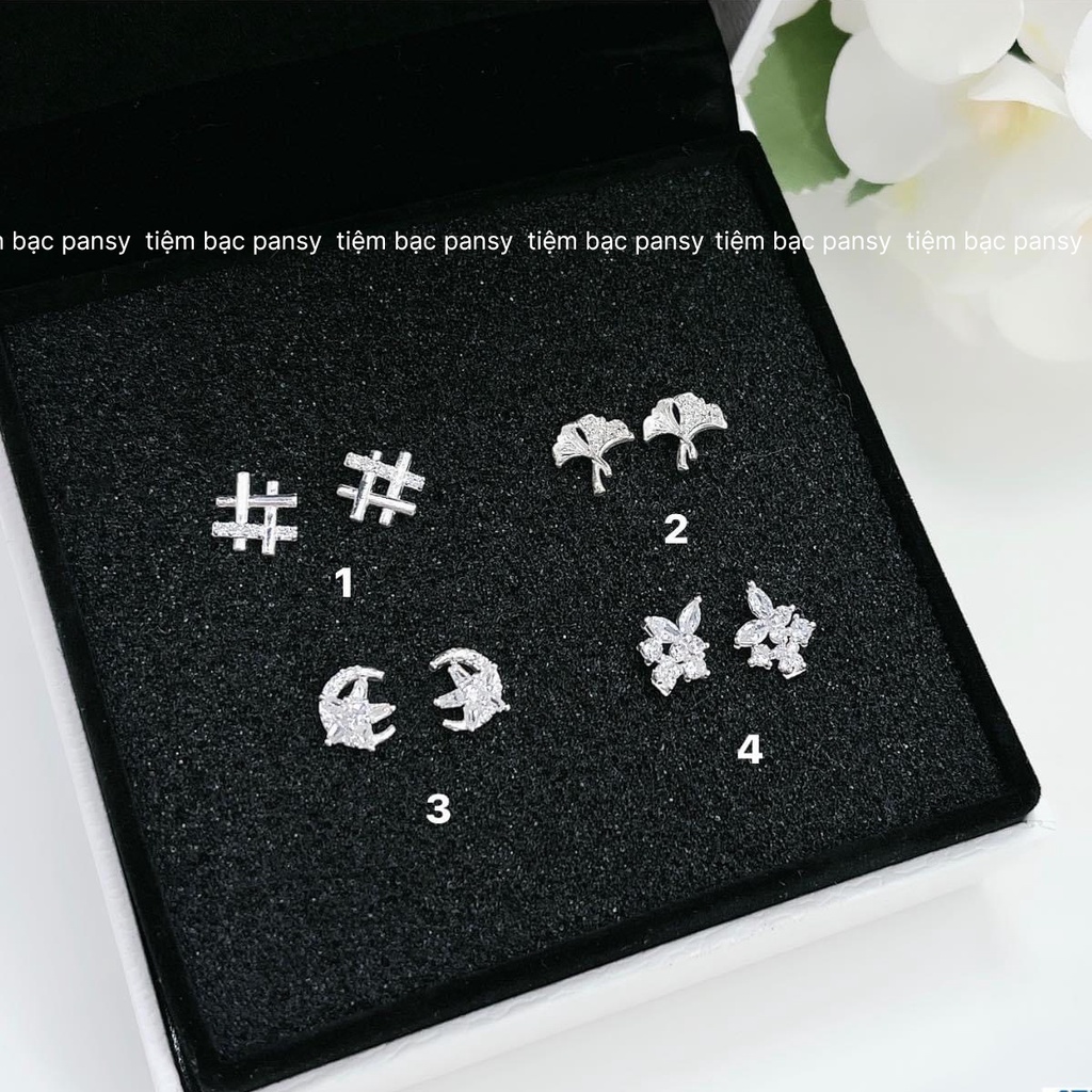 Set 4 đôi khuyên tai bạc nữ PANSY thời trang - Bộ 4 kiểu bông tai cá tính bằng bạc ta thật