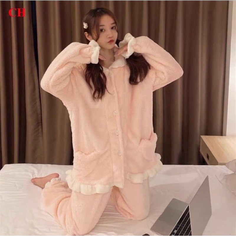 Bộ đồ ngủ mùa đông cho nữ /Bộ đồ mặc nhà lông cừu BASIC phối màu rua gấu chất dày dặn siêu ấm form rộng freesize ulzzang