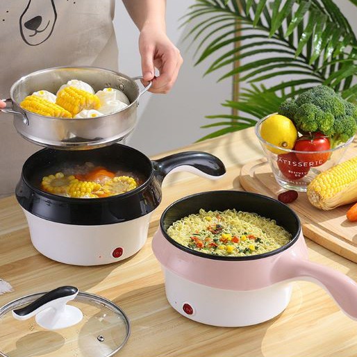 Nồi điện đa năng mini nấu lẩu, hấp, chiên kèm xửng 2 tầng có tay cầm 18cm