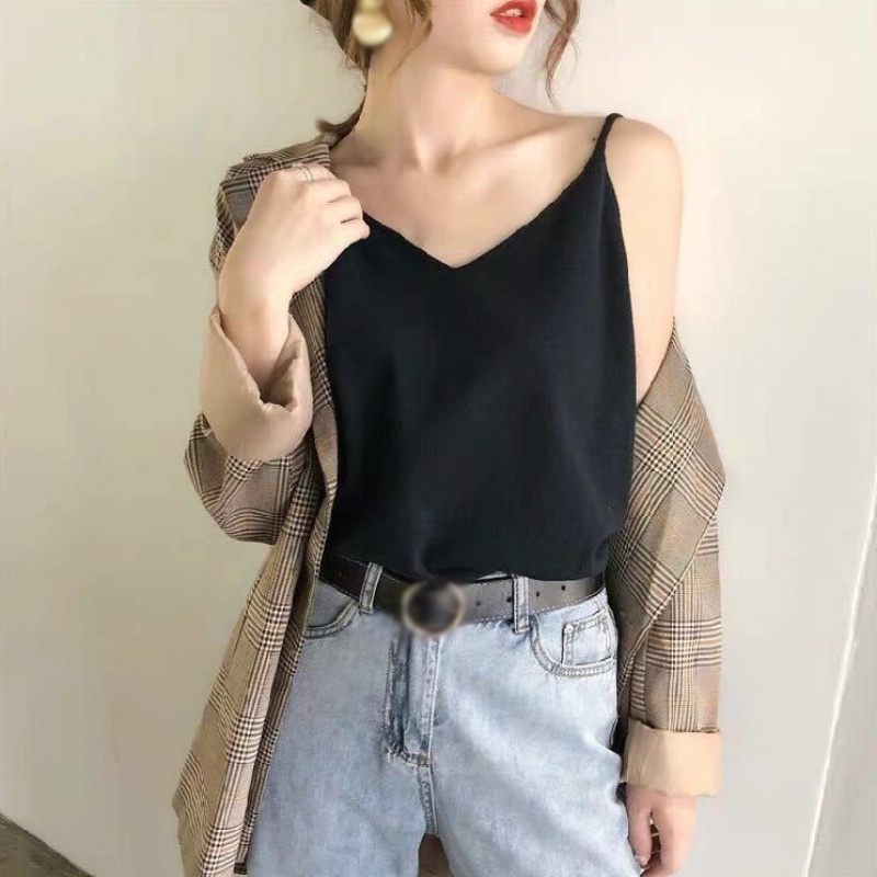 Áo dệt kim sát nách cổ chữ V dáng rộng màu sắc đơn giản phong cách Hàn Quốc