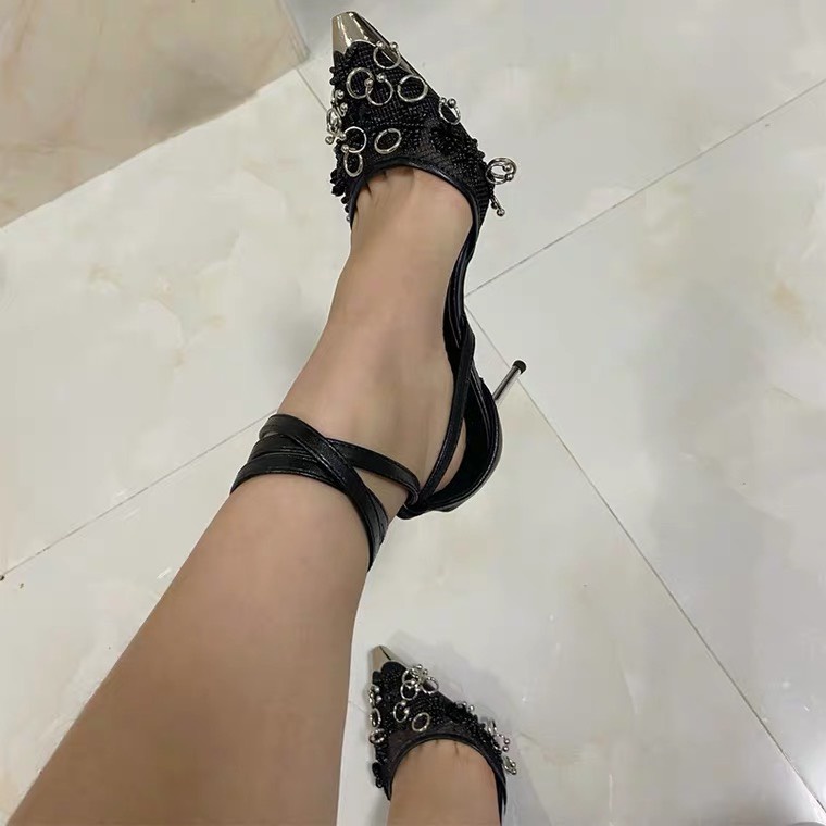 SẴN 40 8cm Giày cao gót buộc dây , cao gót đính khuyên siêu chất , giày cao gót mũi nhọn khuyên khoá kim loại