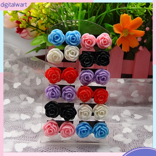 Set 12 Đôi Khuyên Tai Hình Hoa Hồng Xinh Xắn Dành Cho Nữ