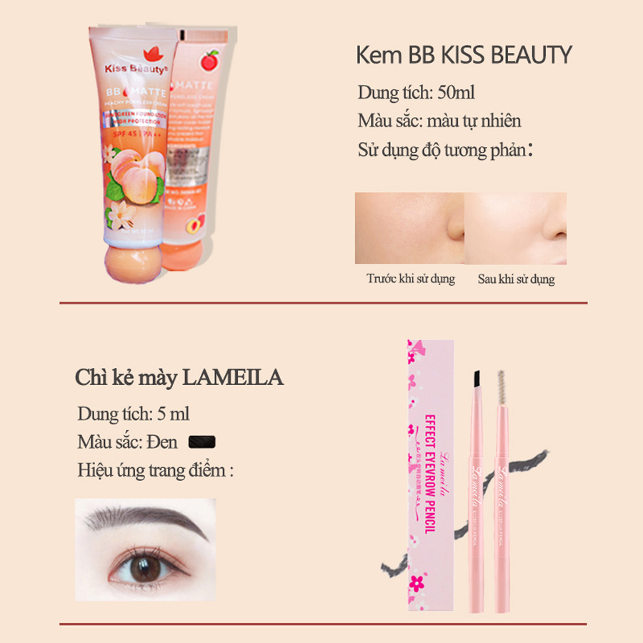 Trọn bộ trang điểm 6 món sành điệu nhìn là mê (kem BB+Kẻ mắt+Chì kẻ mày+mascara+Son môi+Xịt dưỡng trang điểm)