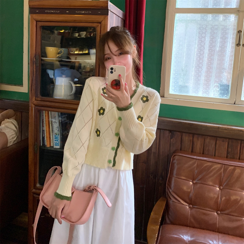 Áo khoác cardigan Pure Cube dệt kim tay dài thêu hoa dễ thương xinh xắn cho nữ