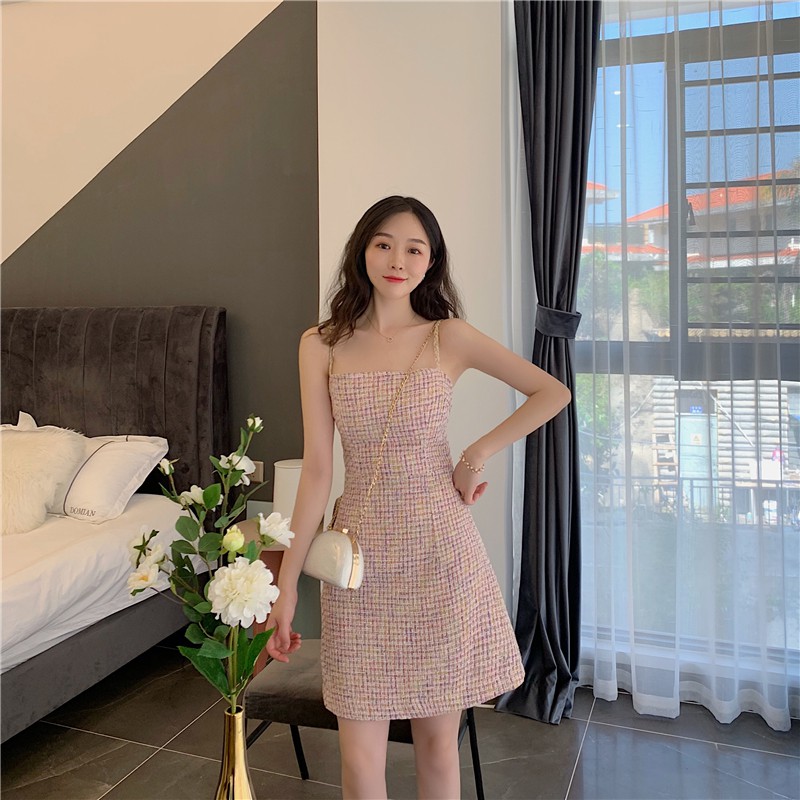 Đầm 2 dây tweed hồng midi-ORDER