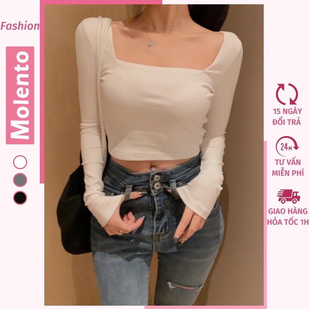 Áo Croptop Tay Dài Cổ Vuông Kiểu Ôm Body Trễ Vai Sexy Thun Cotton Co Giãn 4 Chiều Phong Cách Hàn Quốc Molento M106