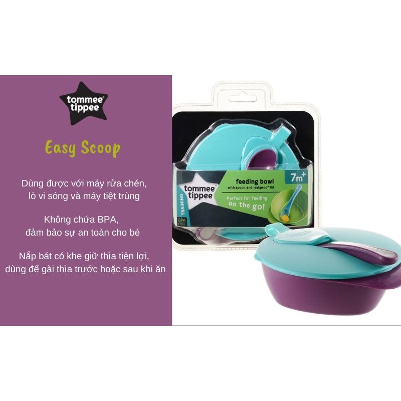 [Mã FMCGM50 - 8% đơn 250K] Bát ăn dặm có nắp kèm thìa cho bé Tommee Tippee Easy Scoop từ 7 tháng - Tím