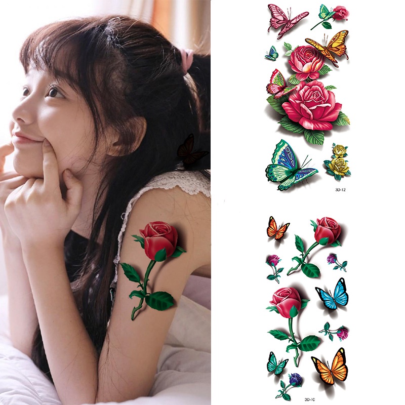 [Hàng mới về] Hình xăm dán tạm thời họa tiết hoa hồng bướm 3D dùng một lần