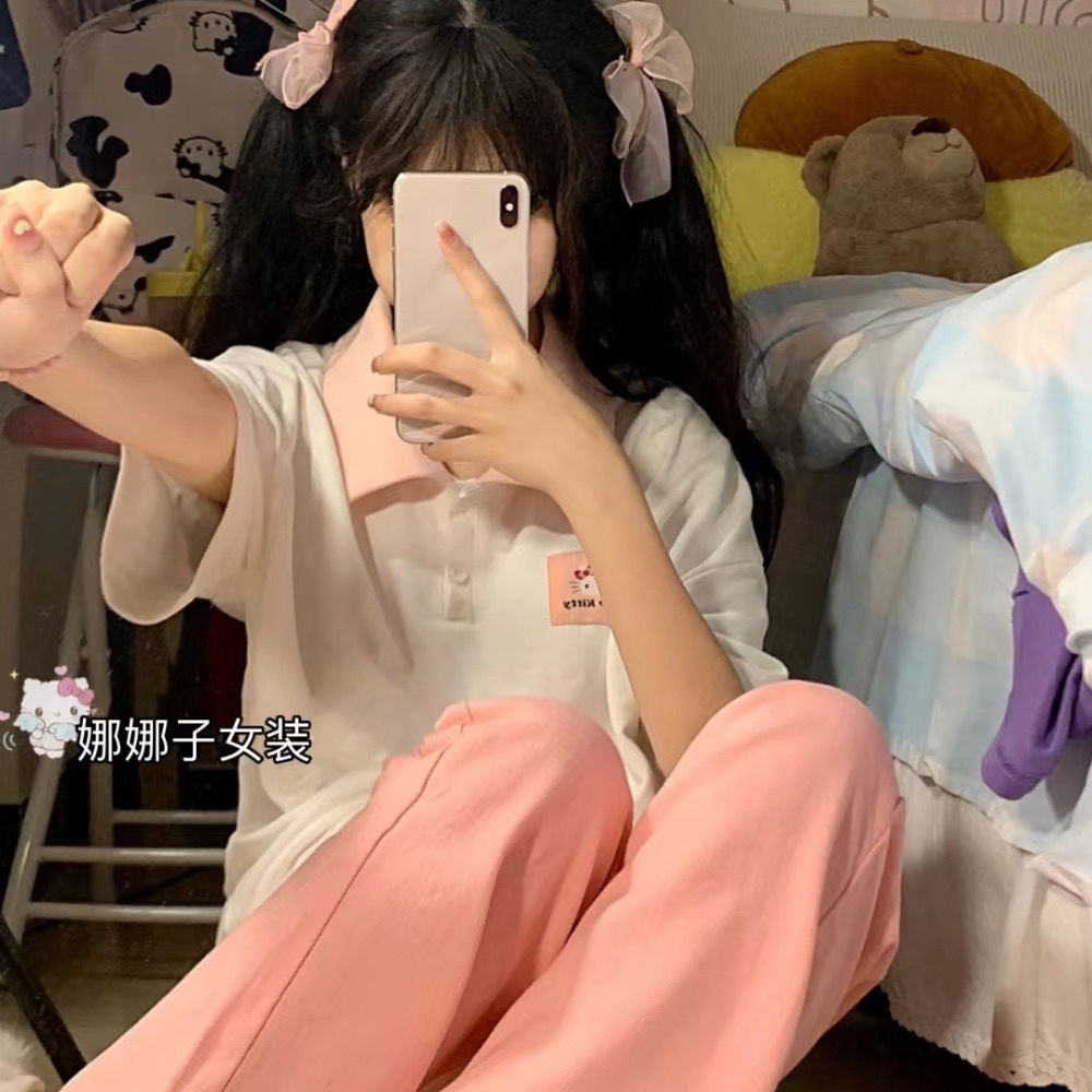 ✪Áo Thun Nhật Bản✪Áo Thun polo Tay Ngắn Dáng Rộng Mềm Mại In Họa Tiết Hello Kitty Phong Cách Nhật Bản Thời Trang Mùa Hè Cho Nữ