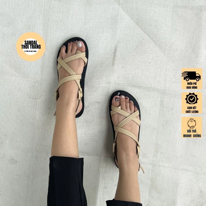 GIày sandal xỏ ngón quai chéo A101 Màu Be cao cấp SANDALTHOITRANG Full size 30-44 Nam nữ
