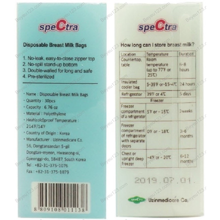 Hộp 30 túi trữ sữa mẹ 200ml Spectra có cảm ứng nhiệt - Hàn Quốc